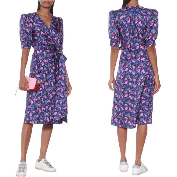 MARC JACOBS Silk Wrap Dress Half Puff Sleeves Belted Floral Blue Pink V-Neck 6 - Picture 10 of 10